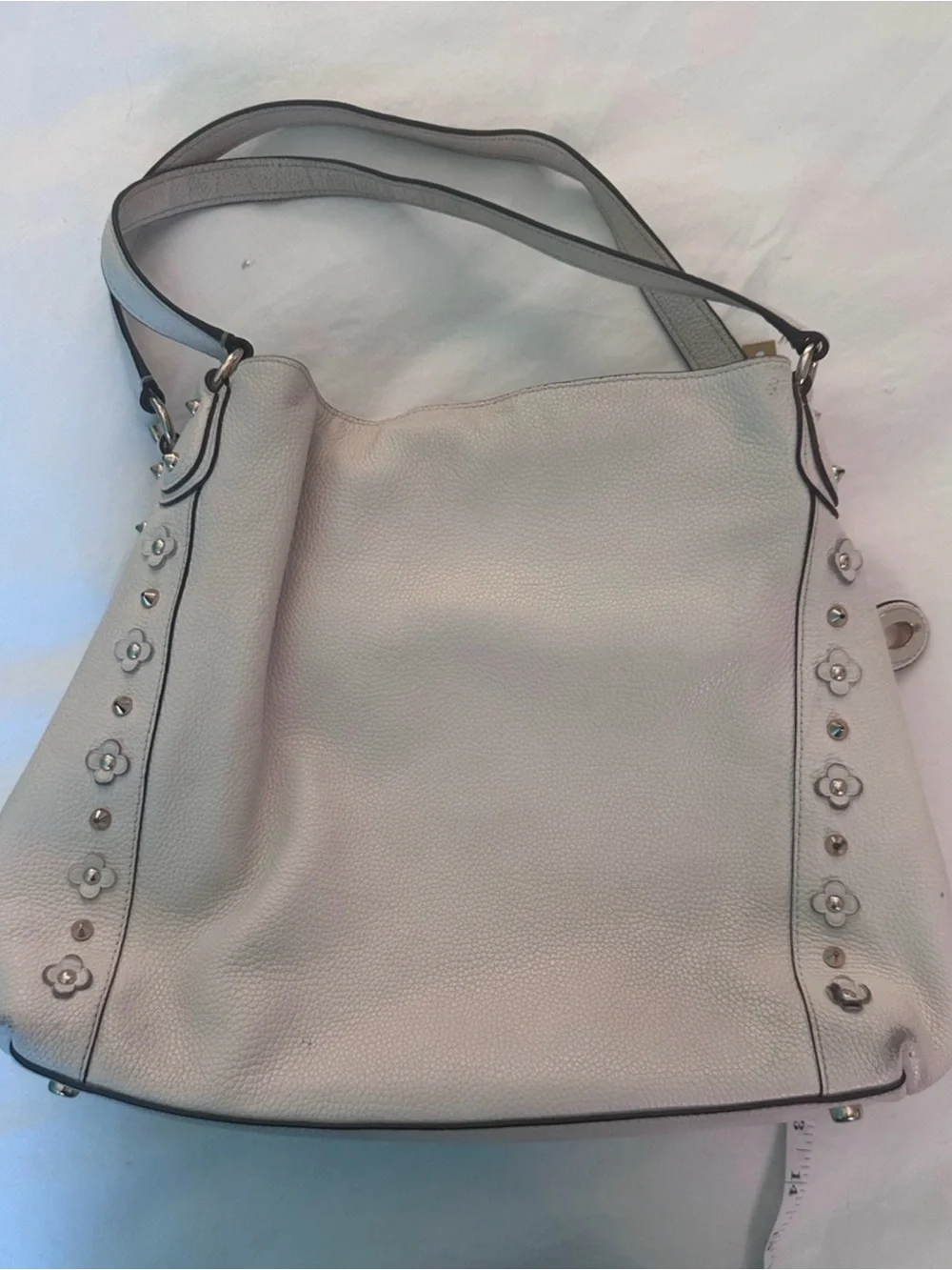 Coach Edie White Pebble Leather Floral Stud Shoulder Tote
